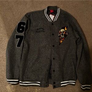 Ring Of Fire Gray Varsity Jacket with Embroidered Patches